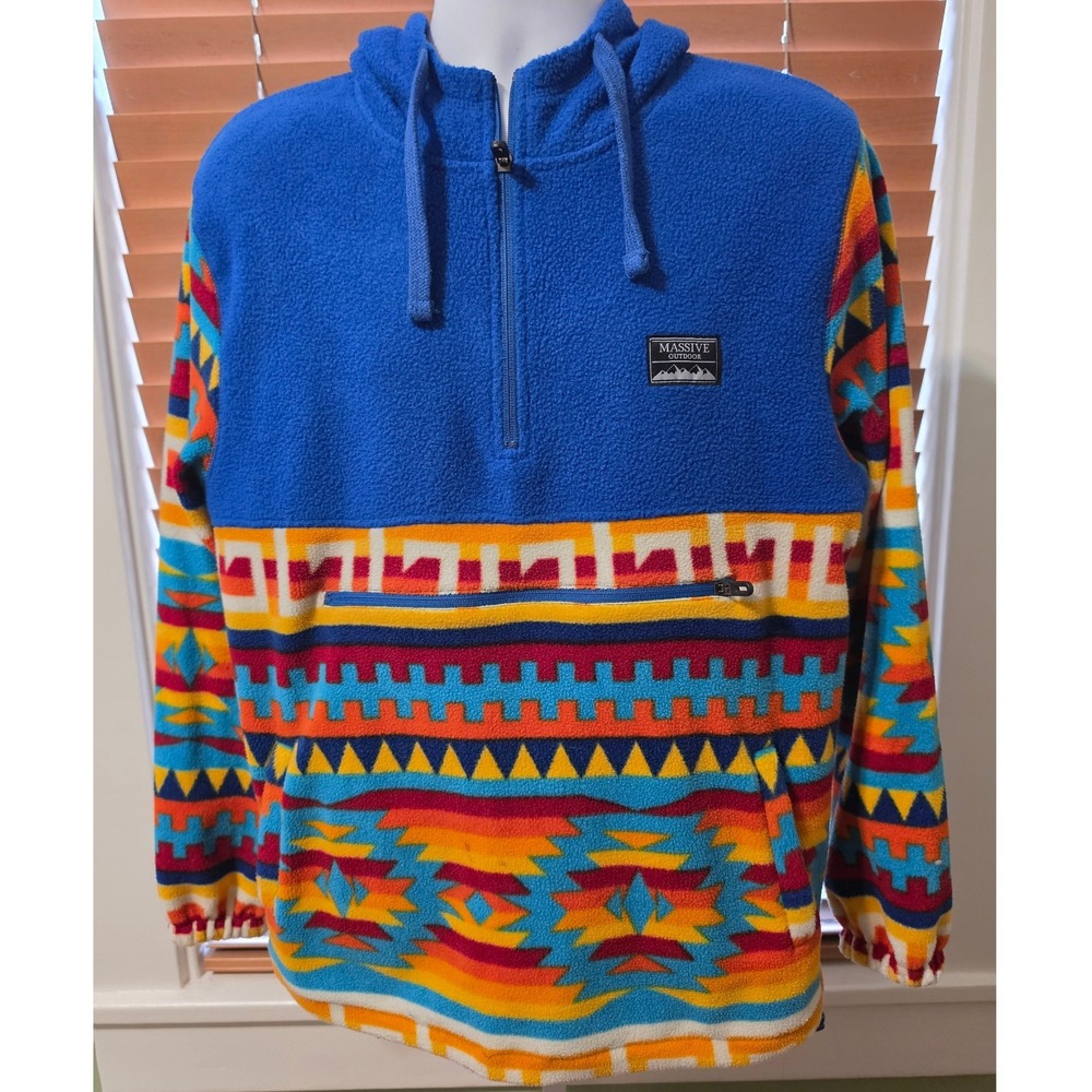 Massive Outdoor Mens Medium Fleece Hoodie Southwestern Aztec Quarter Zip Blue